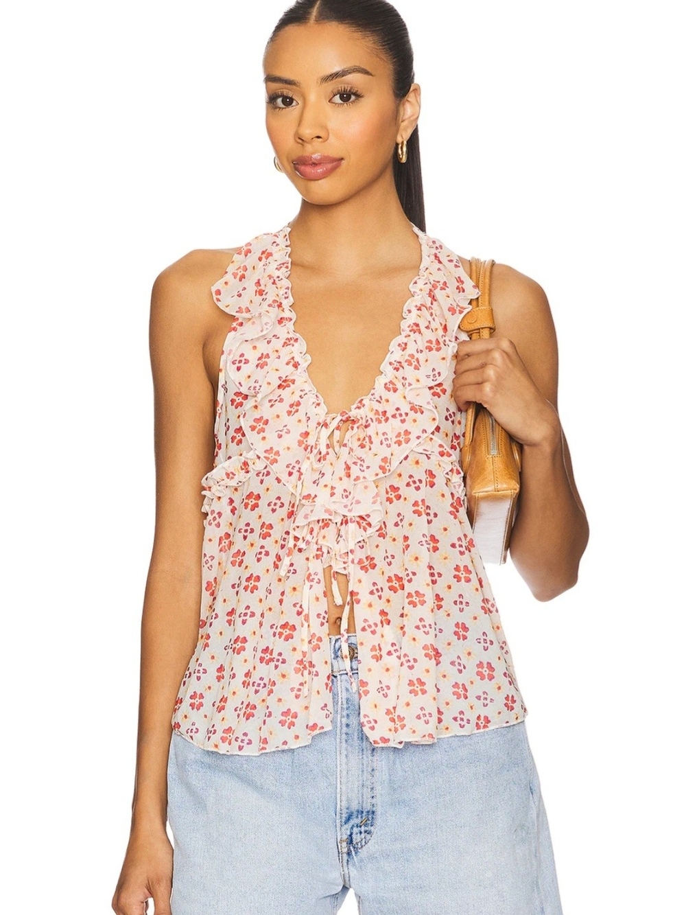 Free People Fearless Knit Tank Top Floral Ruffle Ivory Combo Size L DEFFECT